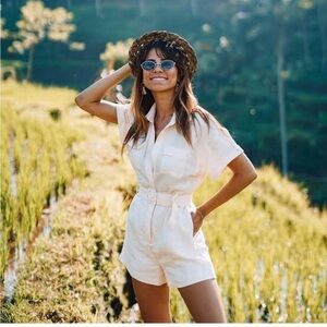 Kookai Linen Blend Cream Short-Sleeve Utility Romper